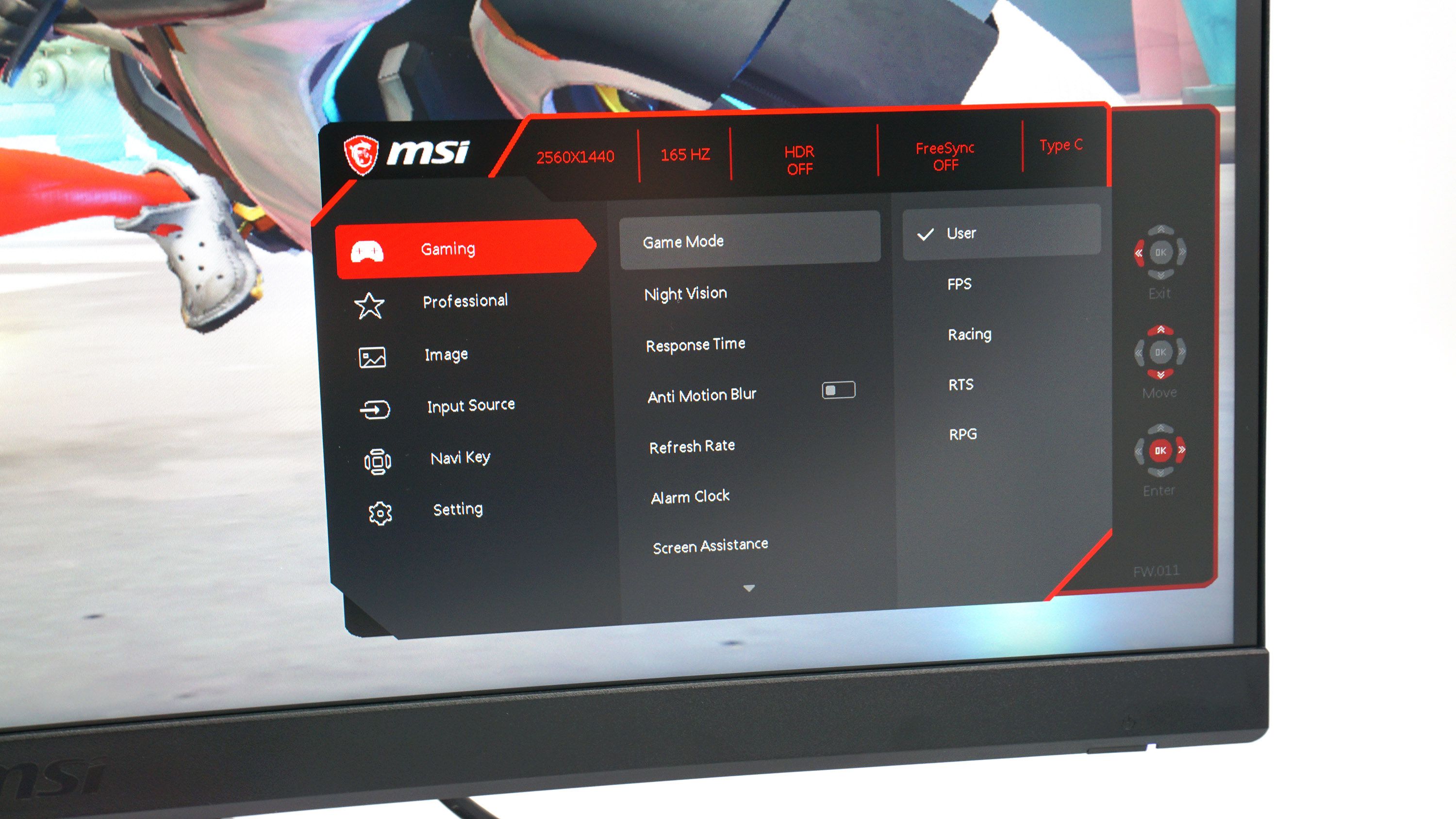 MSI Optix MAG272CQR OSD menu system.