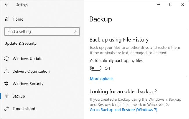 Windows 10 &quot;Backup&quot; menu.