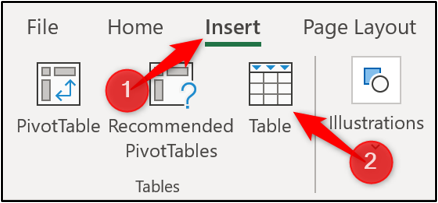 Insert a table in Excel