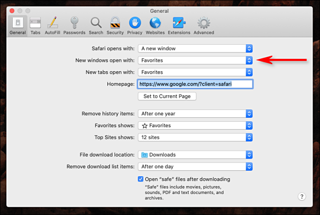 Select New Windows Open With in Safari