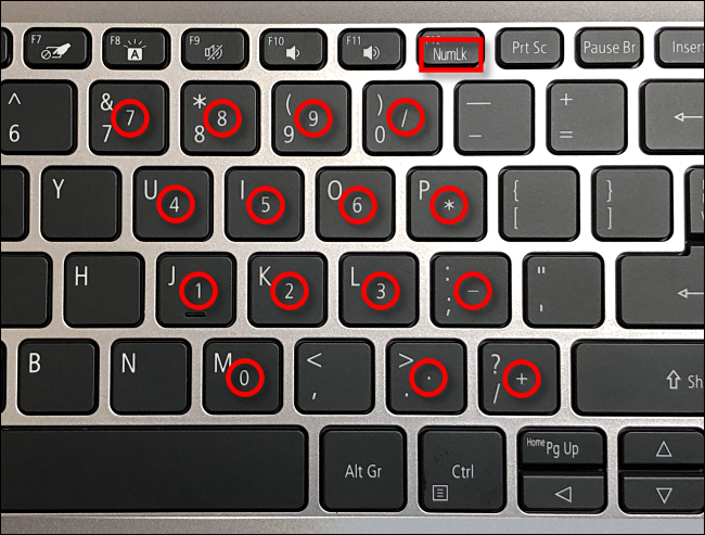 Example of num lock keys on a laptop keyboard