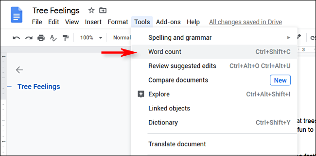 Click Tools &gt; Word Count in Google Docs
