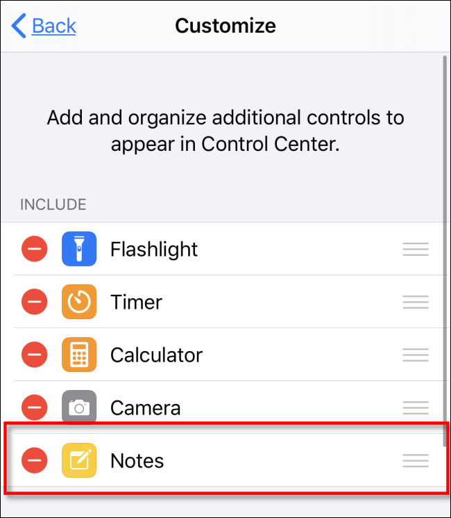 Removing Notes from Control Center on iOS