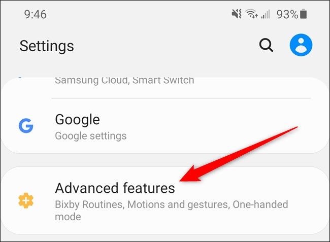 Samsung Galaxy S20 Select the "Advanced Features" Option