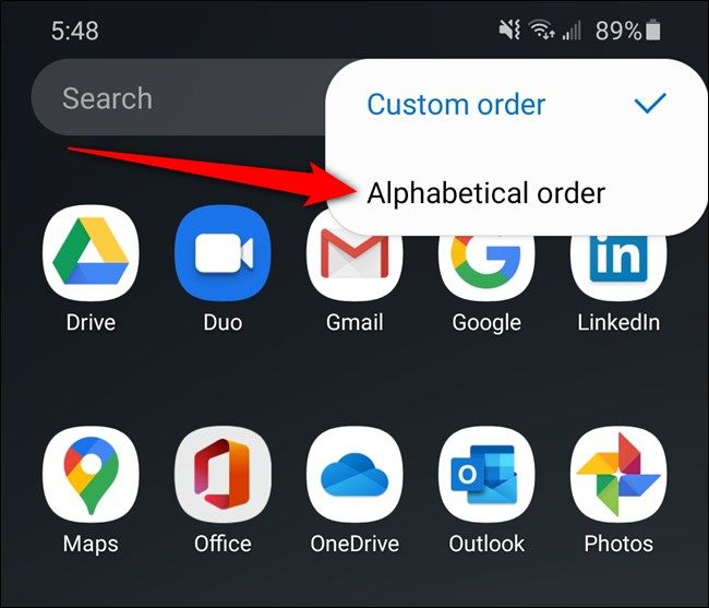 Samsung Galaxy S20 Select the "Alphabetical Order" Option