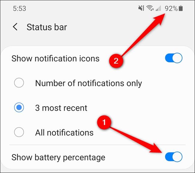 Samsung Galaxy S20 Tap the "Show Battery Percentage" Toggle