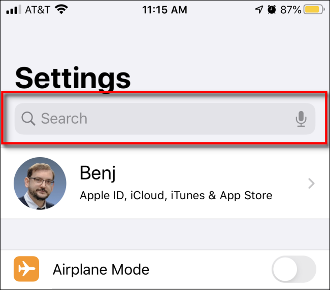 Searching within Settings on iOS and iPadOS