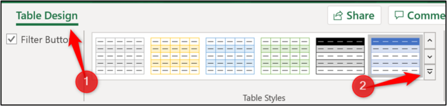 The table styles gallery on the Ribbon