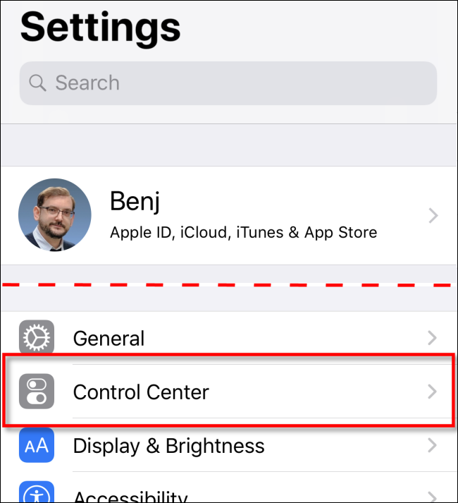 Tap Control Center in Settings on iOS