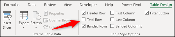 Total row checkbox on the ribbon