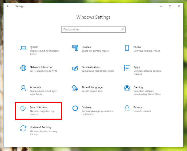 Select Ease of Access in Windows Settings