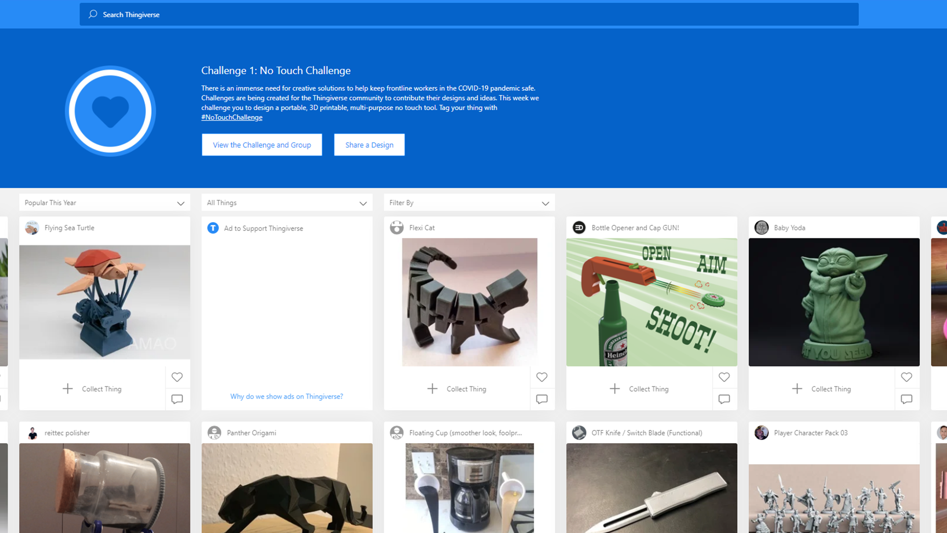 The Thingiverse website with pre-made 3d printer files