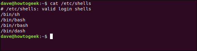 cat /etc/shells in a terminal window