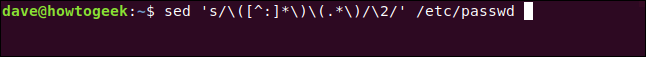 sed 's/\([^:]*\)\(.*\)/\2/' /etc/passwd in a terminal window