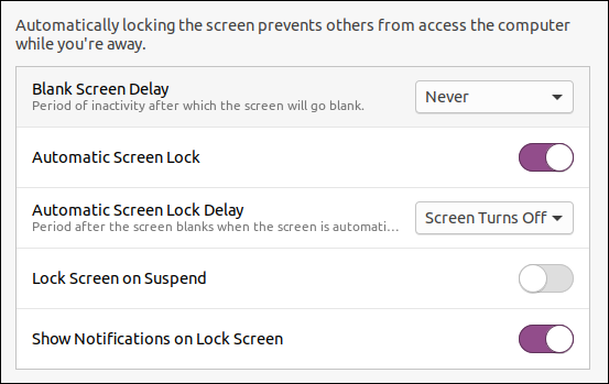 Ubuntu 20.04 lock screen settings dialog
