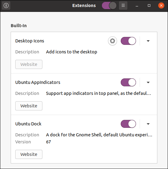 Ubuntu 20.04 Extensions application main window