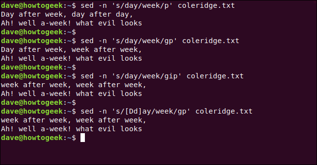 sed -n 's/day/week/p' coleridge.txt in a terminal window