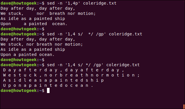 sed -n '1,4p' coleridge.txt in a terminal window