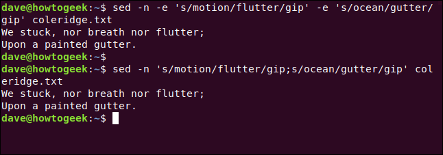 sed -n -e 's/motion/flutter/gip' -e 's/ocean/gutter/gip' coleridge.txt in a terminal window