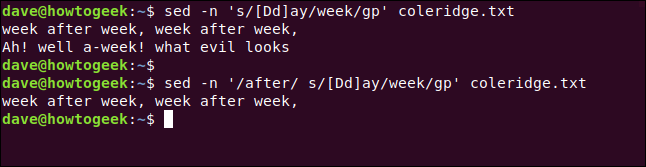 sed -n 's/[Dd]ay/week/gp' coleridge.txt in a terminal window