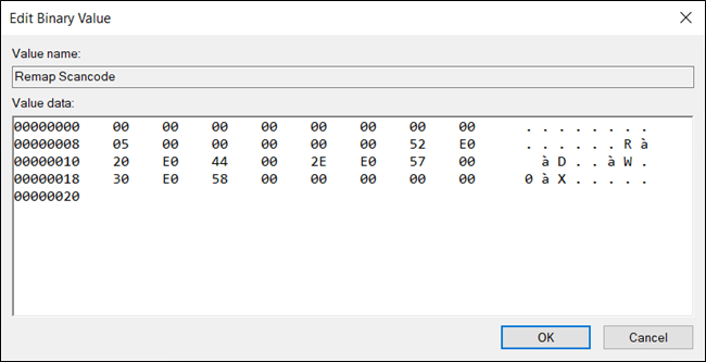 The &quot;Edit Binary Value&quot; dialog box with more remaps added.
