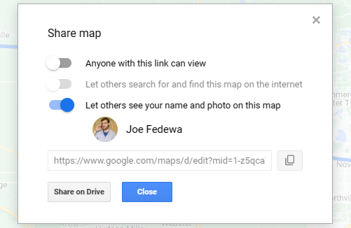 Google My Map sharing menu.
