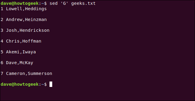 sed 'G' geeks.txt in a terminal window