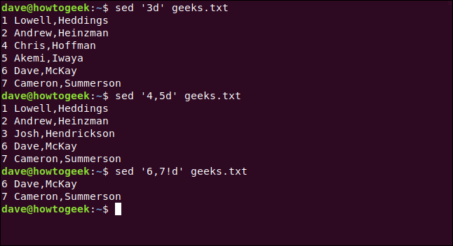 sed '3d' geeks.txt in a terminal window