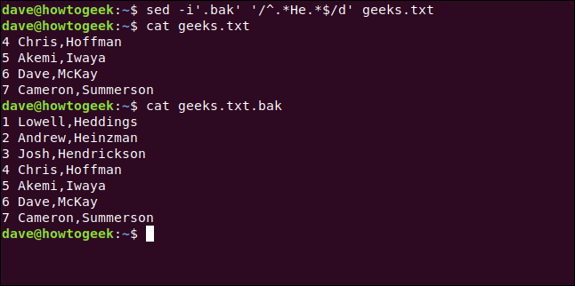 sed -i'.bak' '/^.*He.*/d' geeks.txt in a terminal window