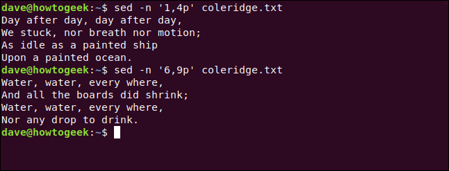 sed -n '1,4p' coleridge.txt ina terminal window