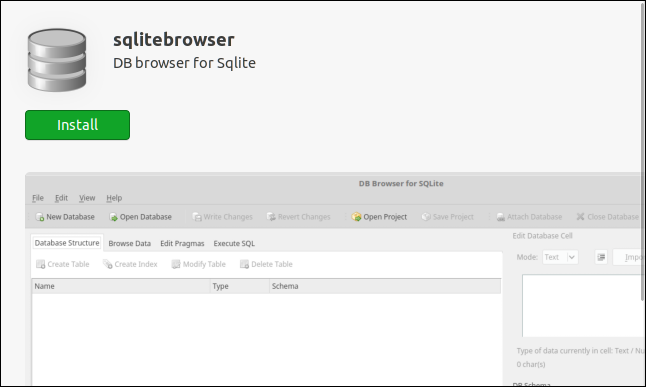 SQLite browser application installation page int he Ubuntu Software application