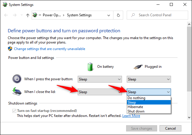Changing what Windows 10 does when you close your laptop's lid on battery and while plugged in.
