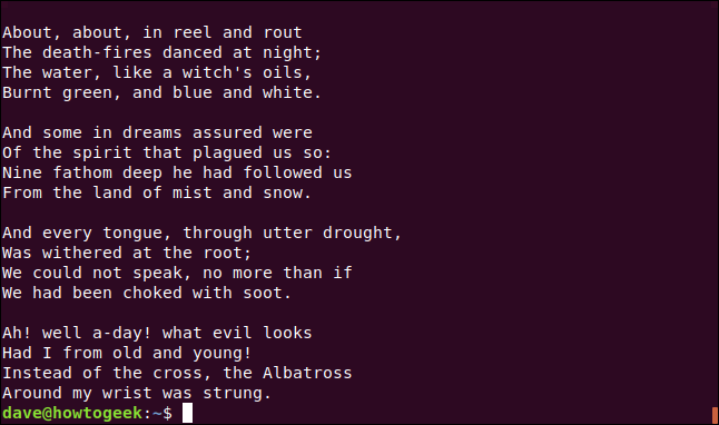 Output from sed '/neck/c Around my wrist was strung' coleridge.txt in a terminal window