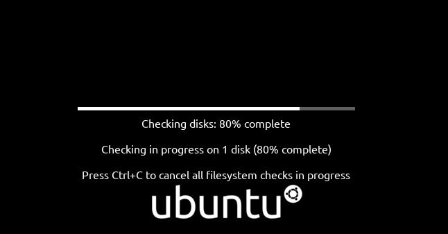 Ubuntu hard drive checking screen, showing progress bar and percentage completed