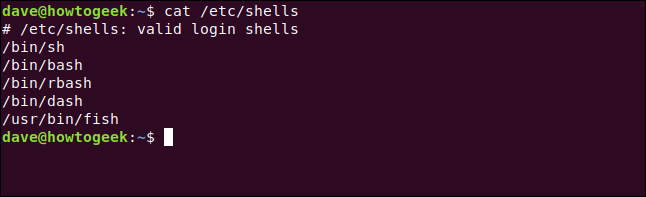 cat /etc/shells in a terminal window