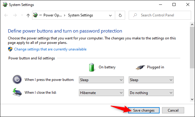 Saving laptop lid-closing options in Windows 10's Control Panel.
