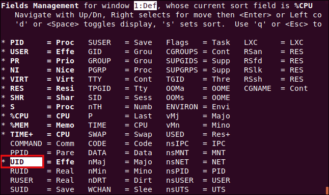 top displaying the field management screen with the UID column selected, in a terminal window