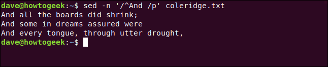 sed -n '/^And /p' coleridge.txt in a terminal window