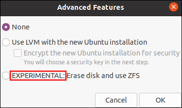 Ubuntu 20.04 advanced features dialog allowing users to select LVM or ZFS features