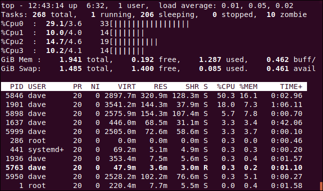 top with ASCII graphs showing the CPU workload, in a terminal window