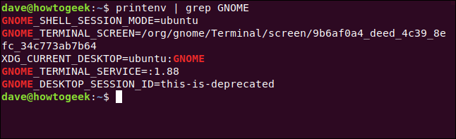 printenv | grep GNOME in a terminal window