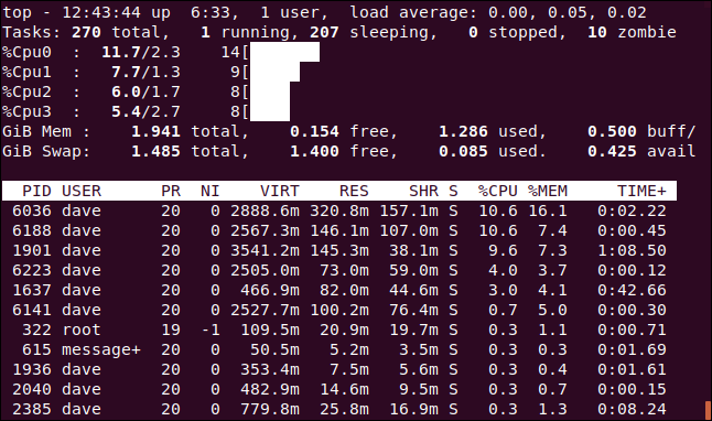 top with ASCII block graphs showing the CPU workload, in a terminal window
