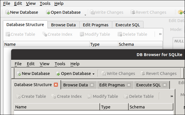 Two versions of DB Browser for SQLite running in GNOME