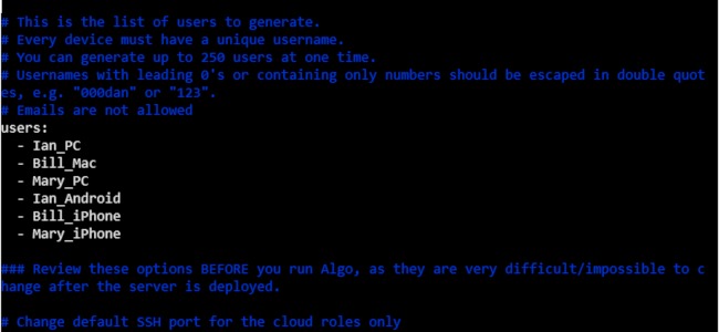 An Algo configuration file. White and blue lettering on a black background.