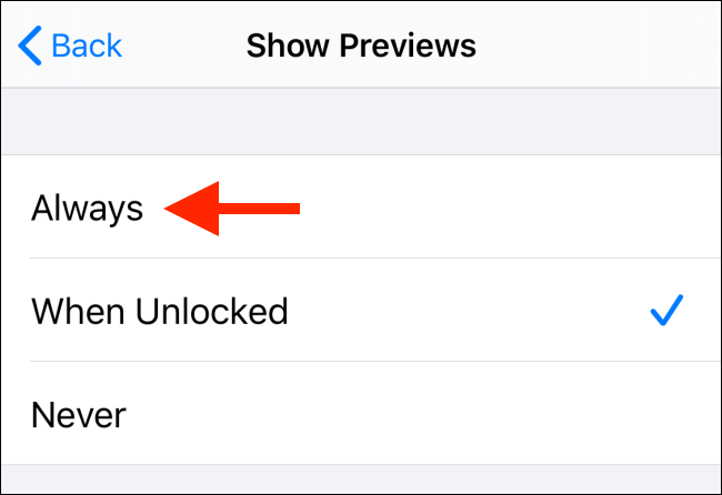 Choose Always from Show Previews option for Notifications