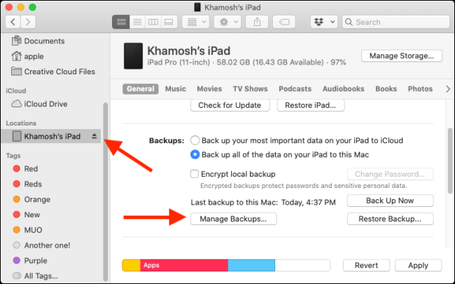 Click on Manage Backups from the Finder