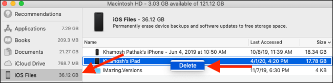 Click on delete for the iOS backup
