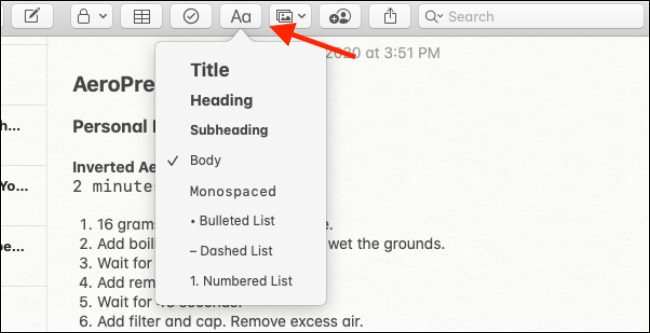 Formatting options in Notes app for Mac