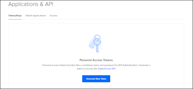 DigitalOcean's API tokens user interface with a white background, black lettering, and a blue button that says "Generate New Token"