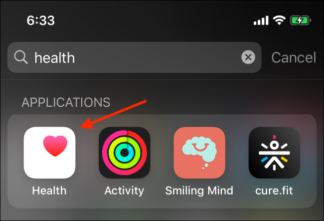 Tap on Health app to open it from Spotlight search on iPhone